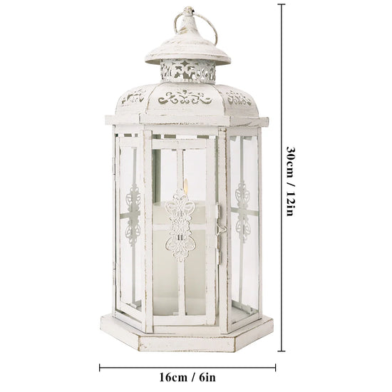 White and gold decorative 12-inch medium candle lantern by JHY DESIGN, featuring vintage style and intricate metalwork.