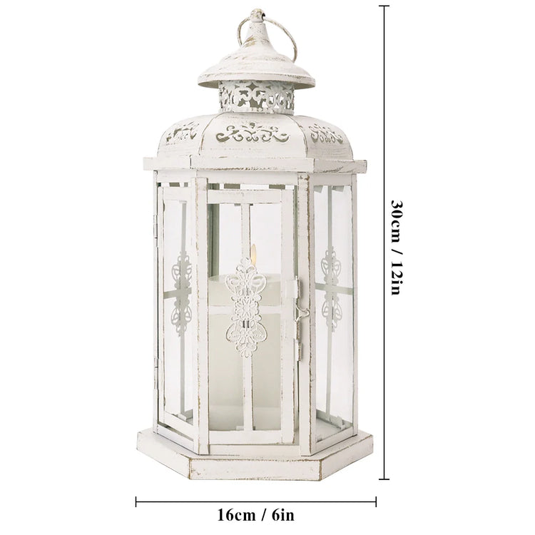 White and gold decorative 12-inch medium candle lantern by JHY DESIGN, featuring vintage style and intricate metalwork.