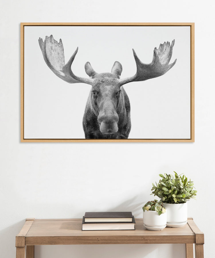 Black and white moose framed canvas wall art by Amy Peterson Art Studio, featuring wildlife scene in natural home decor style.