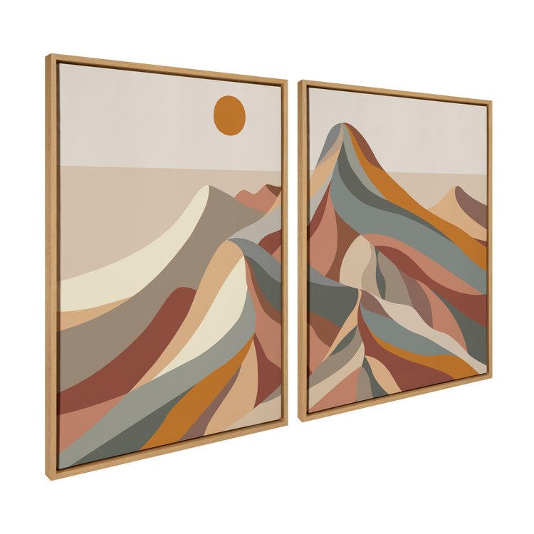 Modern mountain canvas wall art set by kateandlaurel, framed mid-century decor with scenic mountain landscapes on canvas.
